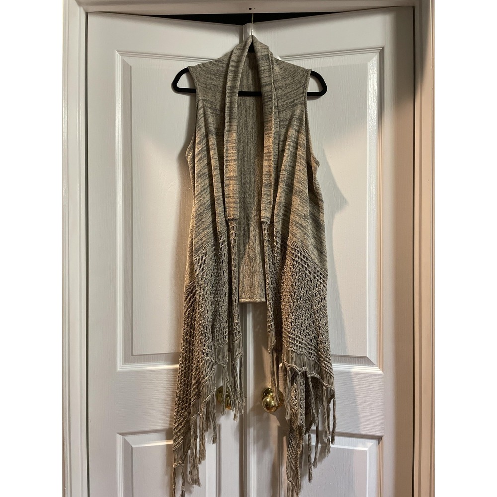 Entro Vest Womens Small Beige Open Knit Fringe Crochet Longline Duster